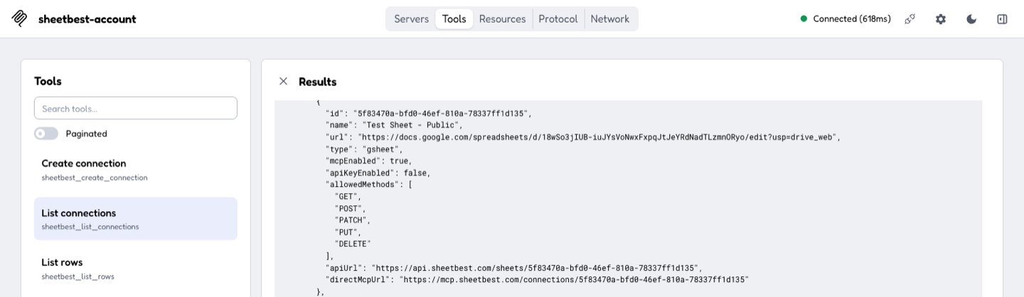 MCP Inspector showing Sheet Best connection names, IDs, API URLs, and optional direct MCP URLs.