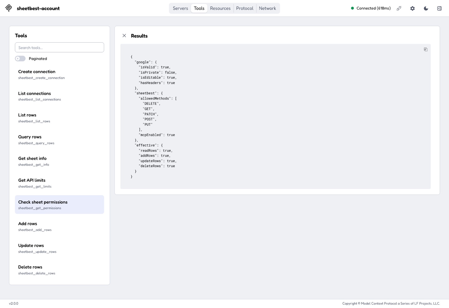 MCP Inspector showing the effective permissions for a Sheet Best connection.
