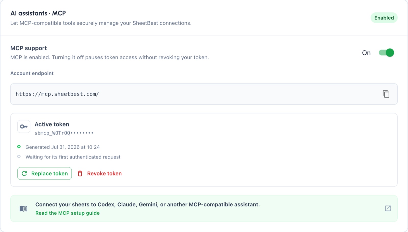 Active MCP credential showing its masked prefix, activity, Replace token, and Revoke token actions.