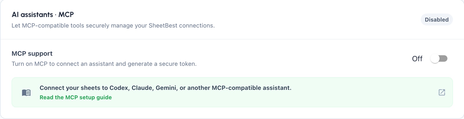MCP account settings card with MCP support turned off.