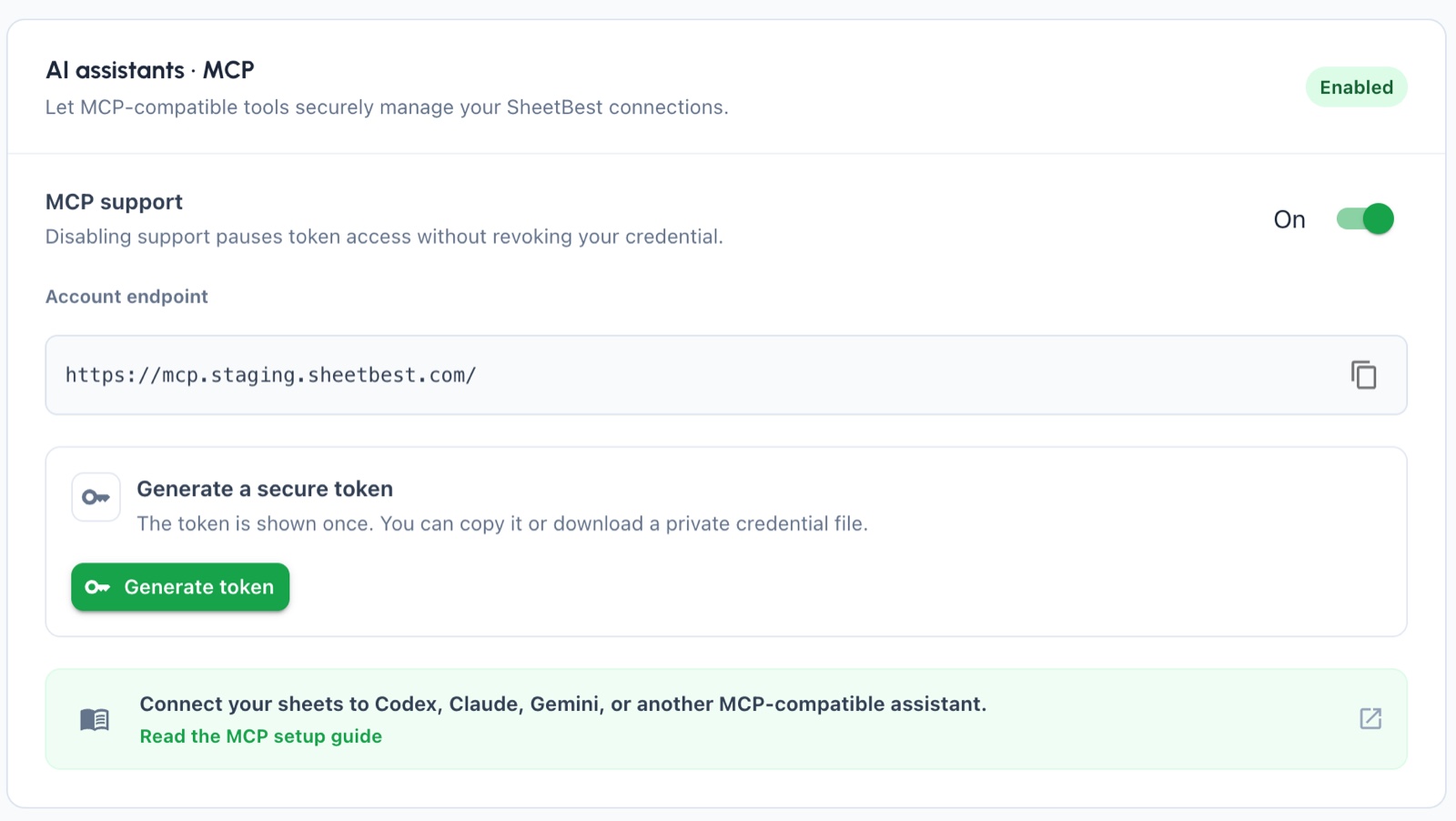 Enabled MCP account settings card showing the account endpoint and Generate token action.